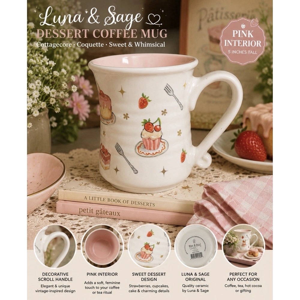 Luna & Sage Dessert Mug Pink Interior Strawberry Cake Cup 5" Coffee Tea Coquette
